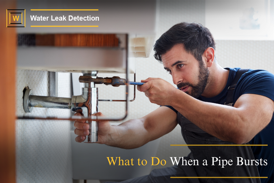 Emergency response to burst pipe with water flooding floor as homeowner shuts off main water supply