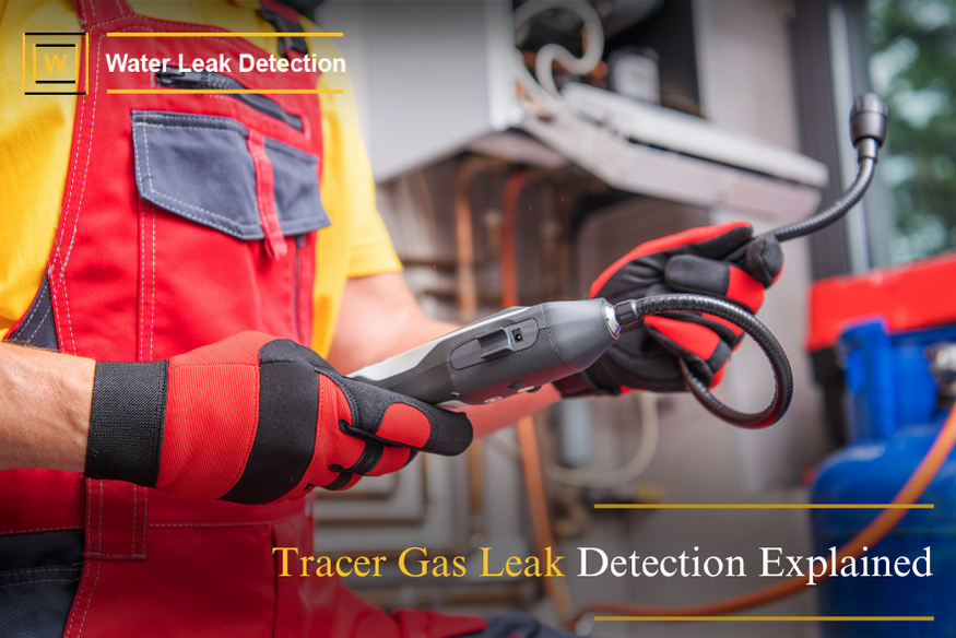 Tracer gas leak detection process diagram for underground pipes Shows how gas escapes from leaks and is detected at the surface